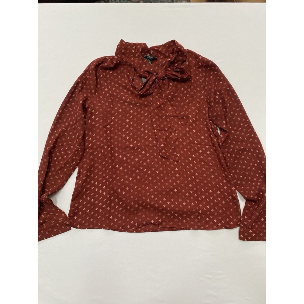 Timing Womens M Rust Tie Neck Blouse Geometric Long Sleeve NWT